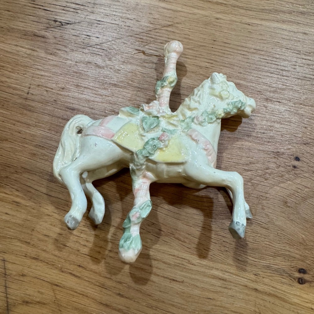 Vintage Ceramic Carousel Horse Ornament Pastel Floral Decorative Holiday Figure